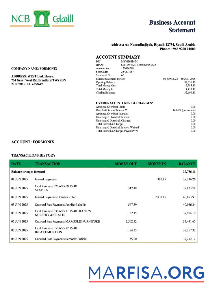 Downloadable Saudi Arabia NCB business account statement Word and PDF template